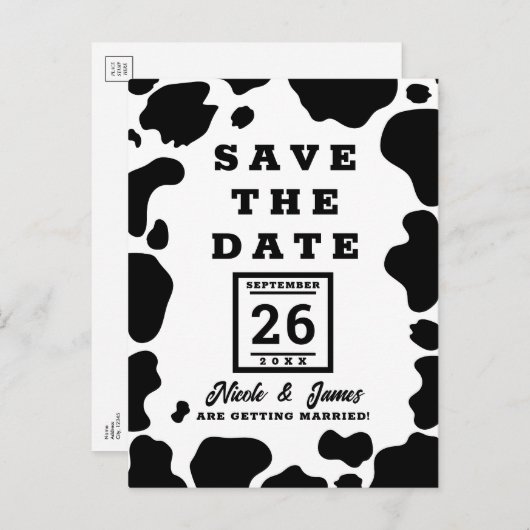 Moo Cow Spots Save the Date schwarz und weiß druck Ankündigungspostkarte (Vorne/Hinten)