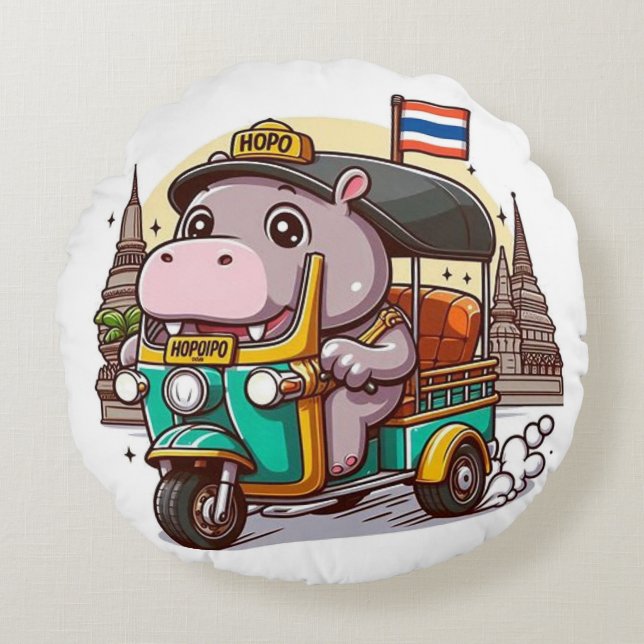 Moo Deng auf Tour Pillow Rundes Kissen (Vorderseite)