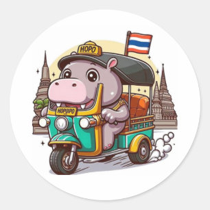 Moo Deng's Tuk-Tuk-Adventure-Aufkleber Runder Aufkleber