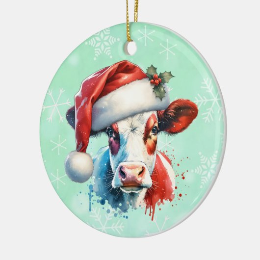 Moo-ey Christmas | Kuh in Weihnachtsmannmütze Keramik Ornament (Links)