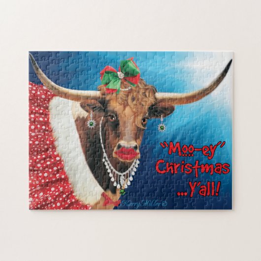 "MOO"-ey Christmas, Longhorn Cow Puzzle (Horizontal)