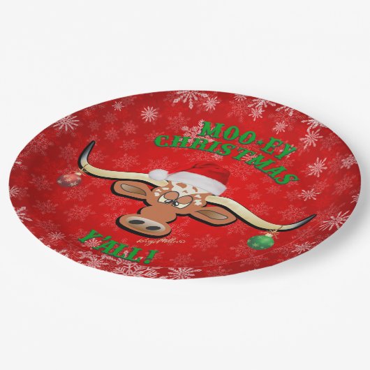 "MOO-ey Christmas, Longhorn Steer Pappteller (Schrägansicht)