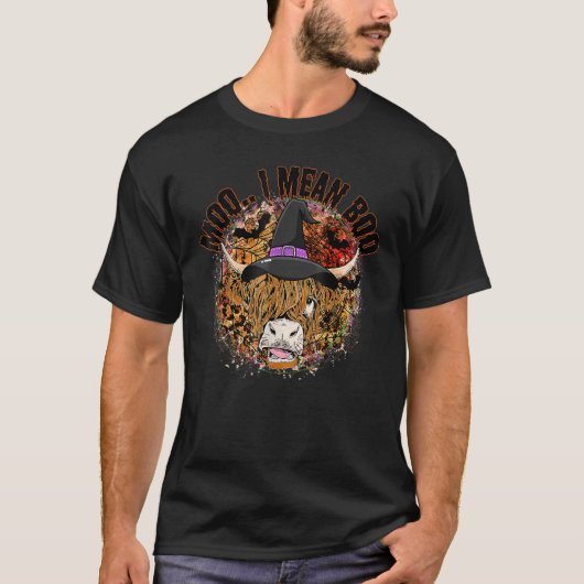 Moo I Mean Boo Halloween Highland Cow Witch Hat T-Shirt (Vorderseite)