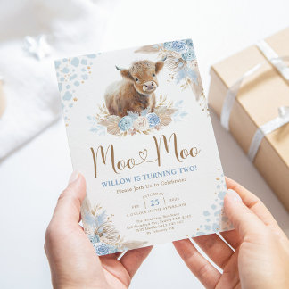 Moo Moo Boho Pampas Blue Highland Cow 2. Geburtsta Einladung