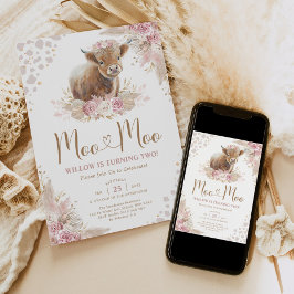 Moo Moo Boho Pampas Rose Highland Cow 2. Geburtsta Einladung