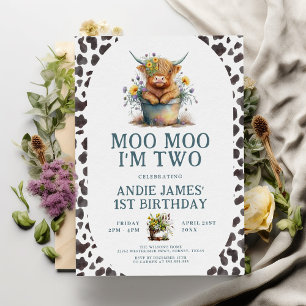 Moo Moo Ich bin zwei Kuh Print Farm Mädchen 2. Geb Einladung
