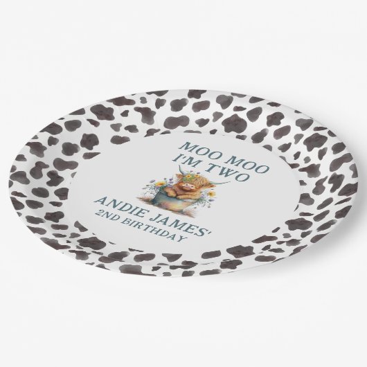 Moo Moo Ich bin zwei Kuh Print Farm Mädchen 2. Geb Pappteller (Schrägansicht)