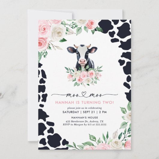 Moo Moo Ich bin zwei rosa, florale Kuh Mädchen 2. Einladung (Vorderseite)