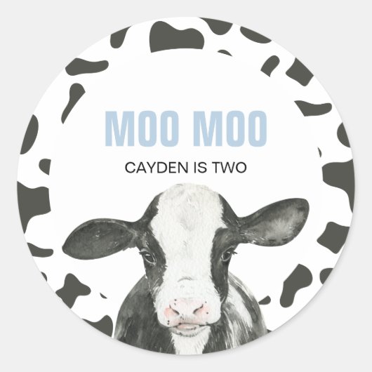 MOO MOO I'm TWO Cow Print 2nd birthday Runder Aufkleber (Vorderseite)