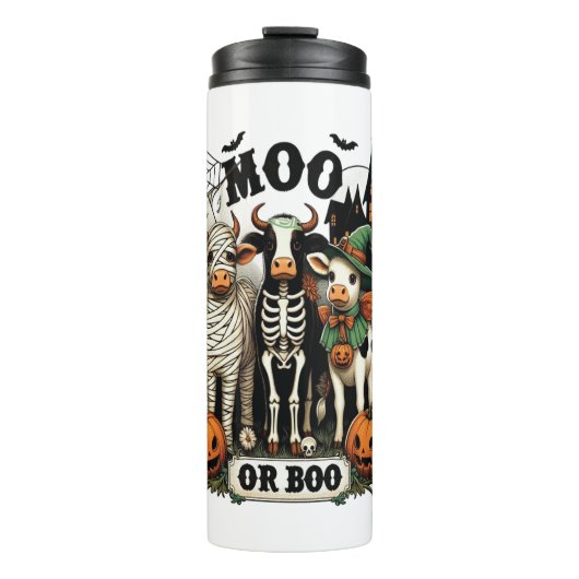 Moo oder Boo Halloween Cow Thermosbecher (Vorderseite)