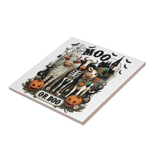 Moo oder Boo Halloween-Kuh Fliese (Seite)