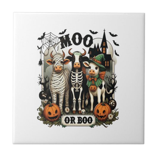 Moo oder Boo Halloween-Kuh Fliese (Vorderseite)
