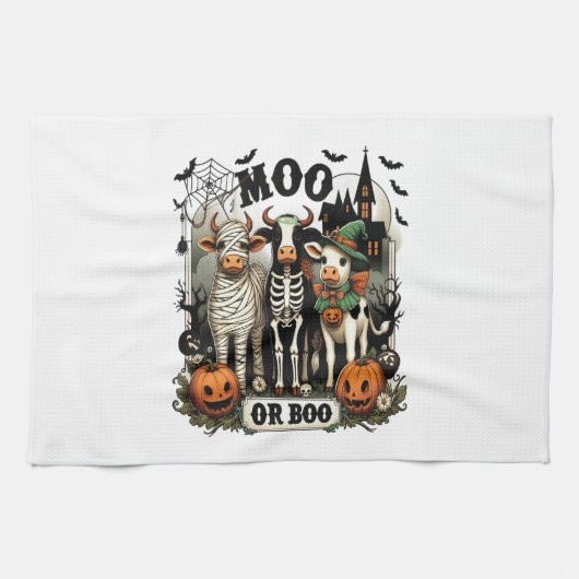 Moo oder Boo Halloween-Kuh Geschirrtuch (Horizontal)