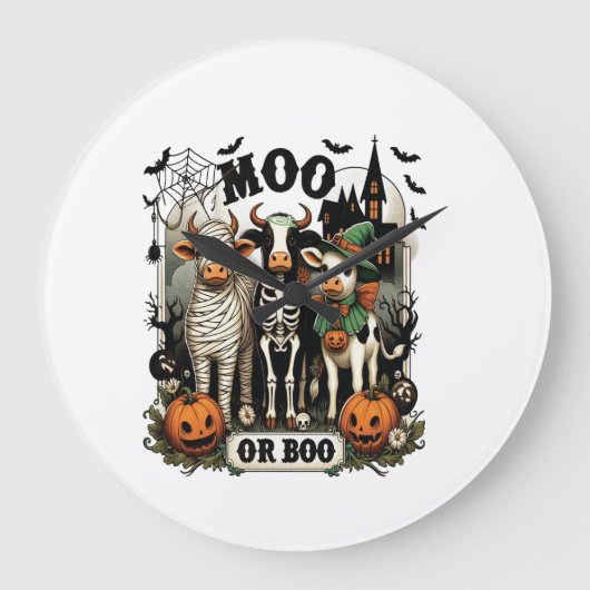 Moo oder Boo Halloween-Kuh Große Wanduhr (Vorderseite)