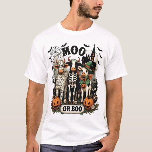 Moo oder Boo Halloween-Kuh T-Shirt (Vorderseite)