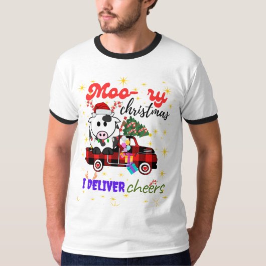 Moo-ry Christmas Cow in Plaid Truck Holiday design T-Shirt (Vorderseite)