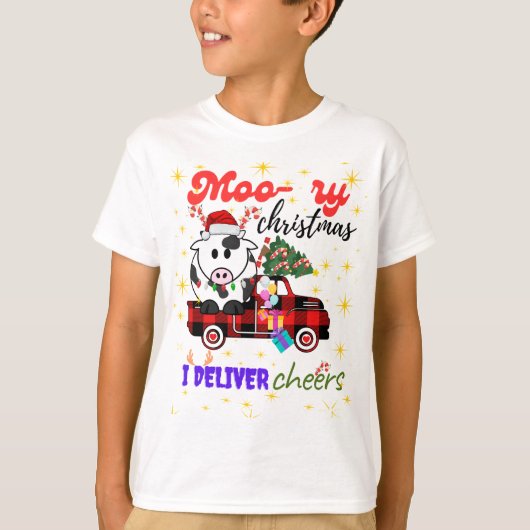 Moo-ry Christmas Cow in Plaid Truck Holiday design T-Shirt (Vorderseite)