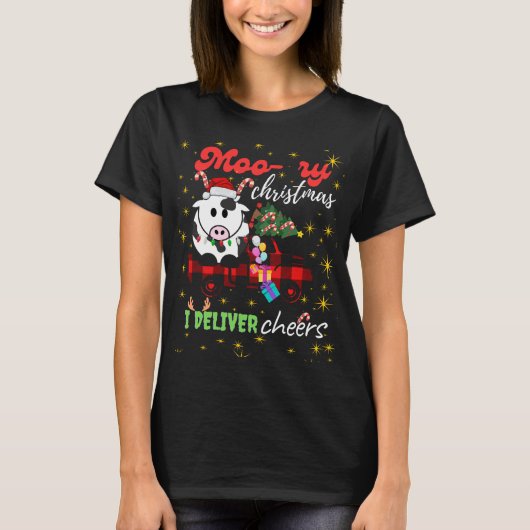 Moo-ry Christmas Cow in Plaid Truck Holiday design T-Shirt (Vorderseite)