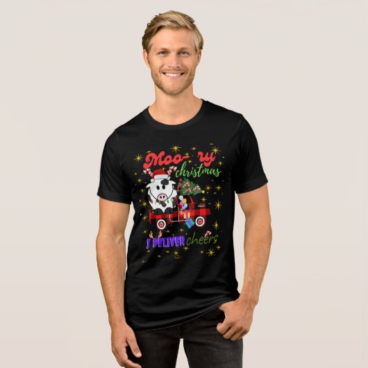 Moo-ry Christmas Cow in Plaid Truck Holiday design Tri-Blend Shirt (Vorderseite voll)