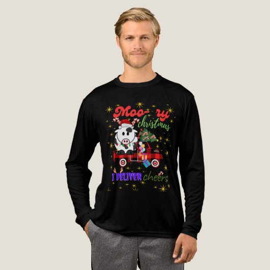 Moo-ry Christmas Cow in Plaid Truck Holiday design Tri-Blend Shirt (Volle Vorderseite)