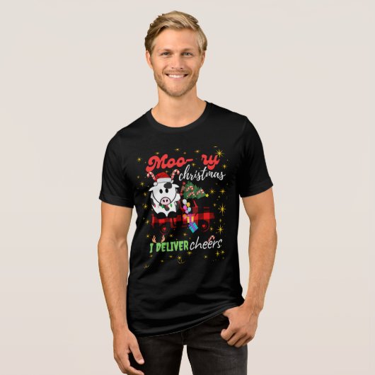 Moo-ry Christmas Cow in Plaid Truck Holiday design Tri-Blend Shirt (Vorderseite voll)