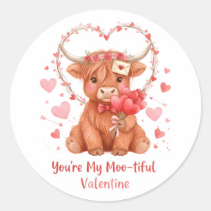 Moo-tifuler Valentinstag Süße Wasserfarbe Highland Runder Aufkleber