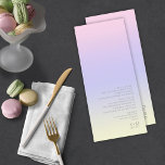 Mood Gradient Wedding Pastel Dawn ID741 Menükarte<br><div class="desc">The background for the pieces in this minimalist wedding set is an eye-catching gradient of pastel colors from soft pink through lavender, periwinkle and yellow. The wedding menu card shown here features a sleek, modern layout and contemporary sans serif font to add to it's appeal. Easily add your menu selections,...</div>