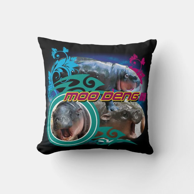 MooDeng2 Schwarzes Pillow Kissen (Vorderseite)
