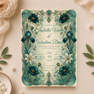 Moodige Art Nouveau Botanische Romantische Hochzei Einladung