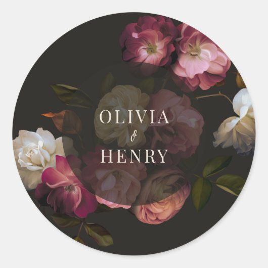 Moodige Florale Hochzeit Dunkle Romantik Schwarz B Runder Aufkleber (Vorderseite)