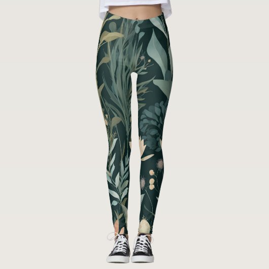 Moodiger Mitternachts-Botanischer-Garten-Blumenmus Leggings (Vorderseite)