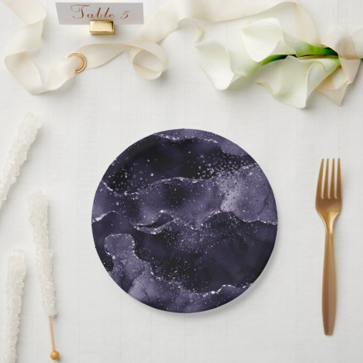 Moody Agate | Midnight Indigo Deep Lila Glam Pappteller (Hochzeit)