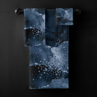Moody Agate | Navy Denim Steel Blue Imitats Glitze Badhandtuch Set