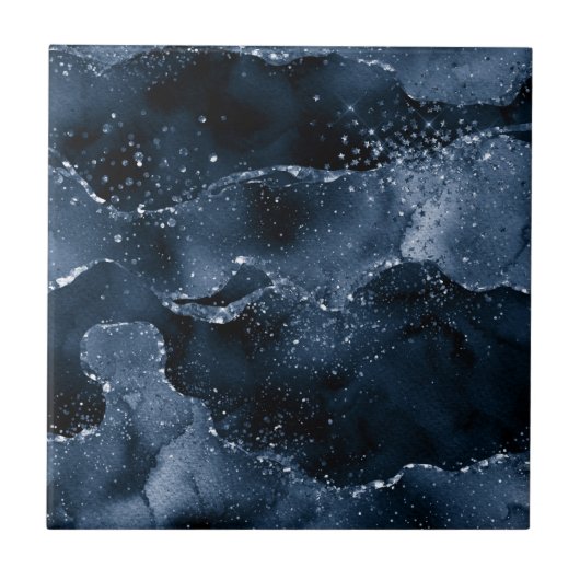 Moody Agate | Navy Denim Steel Blue Imitats Glitze Fliese (Vorderseite)