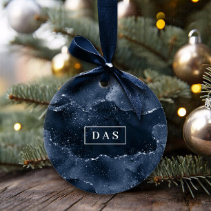 Moody Agate   Navy Denim Steel Blue Monogram Keramik Ornament