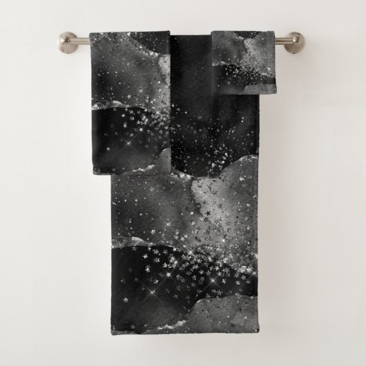 Moody Agate | Onyx Black Silver Vampy Goth Glitzer Badhandtuch Set (Insitu)