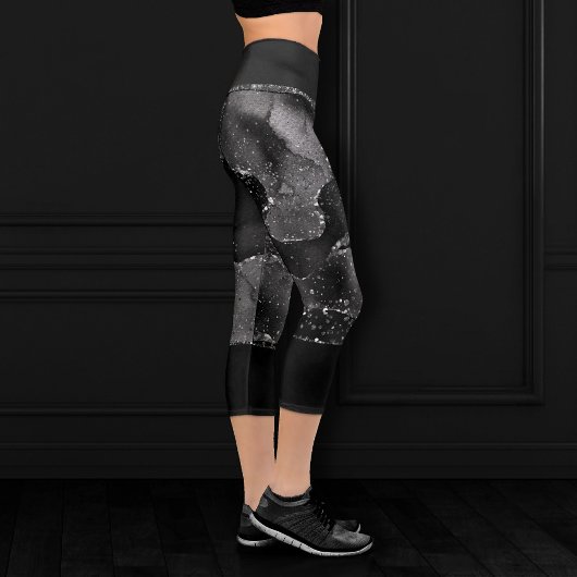 Moody Agate | Onyx Black Silver Vampy Goth Glitzer Capri Leggings