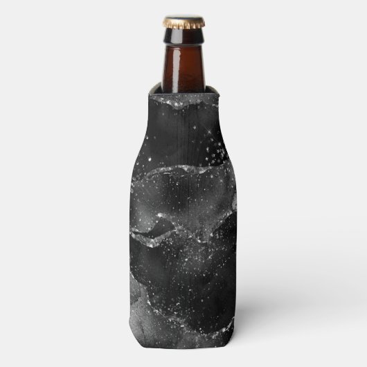 Moody Agate | Onyx Black Silver Vampy Goth Glitzer Flaschenkühler (Flaschenvorderseite)