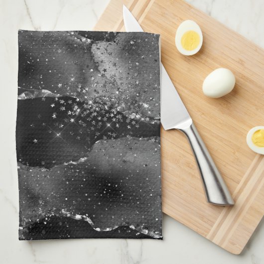 Moody Agate | Onyx Black Silver Vampy Goth Glitzer Geschirrtuch (Viertel Falte)