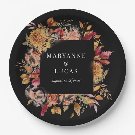 Moody Autumn Floral Monogram Pappteller (Vorderseite)