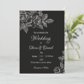 Moody Black and White Peony Sketch Wedite Einladung (Stehend Vorderseite)