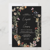 Moody Black Boho Wildblume Wedding Einladung (Vorderseite)