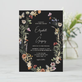 Moody Black Boho Wildblume Wedding Einladung