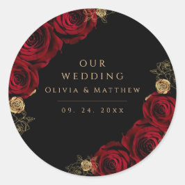 Moody Black Burgundy Roses Wedding  Runder Aufkleber