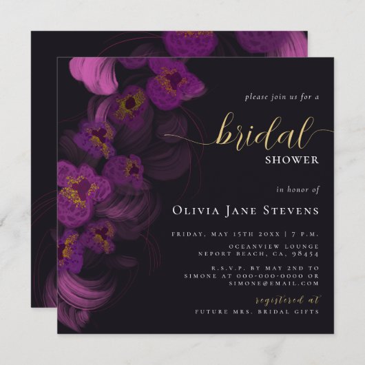 Moody Black Dark Lila Orchids Chic Brautparty Einladung (Vorne/Hinten)