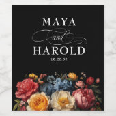 Moody Black Floral Botanical Wedding Weinetikett (Einzelnes Label)