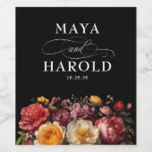 Moody Black Floral Botanical Wedding Weinetikett (Einzelnes Label)