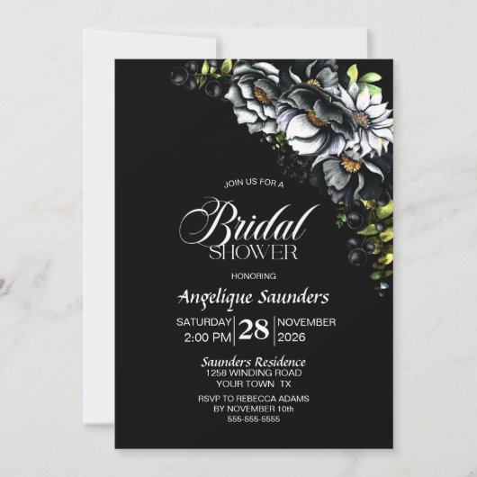 Moody Black Floral Brautparty Einladung (Vorderseite)