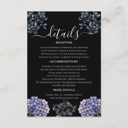 Moody Black Floral Classic Script Wedding Details Begleitkarte (Vorderseite)