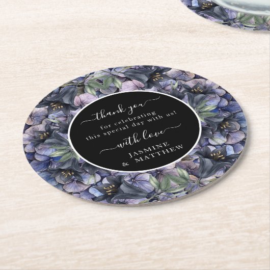 Moody Black Floral Classic Thank You Chic Wedding Runder Pappuntersetzer (Angewinkelt)